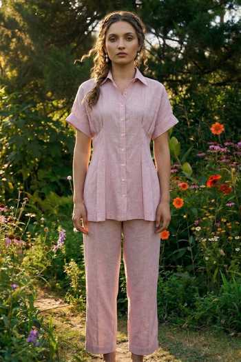 Buy_House Of Fett_Pink Cotton, Linen Collared Blend Shirt And Pant Set _at_Aza_Fashions