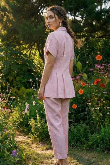 Shop_House Of Fett_Pink Cotton, Linen Collared Blend Shirt And Pant Set _at_Aza_Fashions