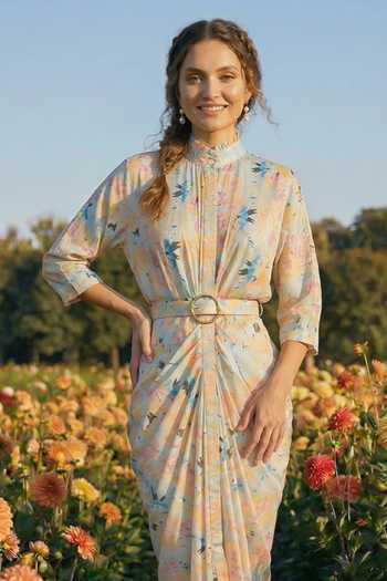 House Of Fett_Multi Color Satin Mandarin Collar Floral Draped Gown _Online_at_Aza_Fashions