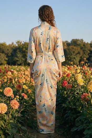 Shop_House Of Fett_Multi Color Satin Mandarin Collar Floral Draped Gown _at_Aza_Fashions