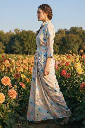 Buy_House Of Fett_Multi Color Satin Mandarin Collar Floral Draped Gown _Online_at_Aza_Fashions