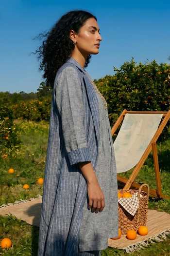 Shop_House Of Fett_Blue Cotton Band Collar Tailored Jacket Pant Set _Online_at_Aza_Fashions