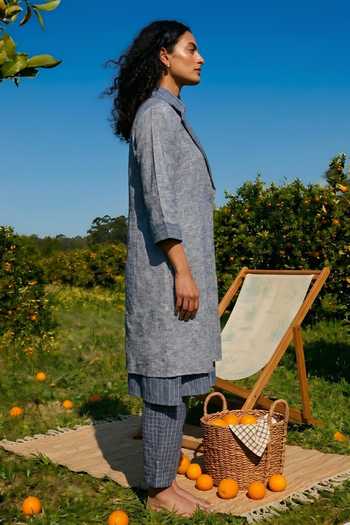 House Of Fett_Blue Cotton Band Collar Tailored Jacket Pant Set _at_Aza_Fashions