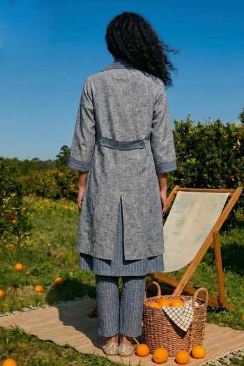 Shop_House Of Fett_Blue Cotton Band Collar Tailored Jacket Pant Set _at_Aza_Fashions