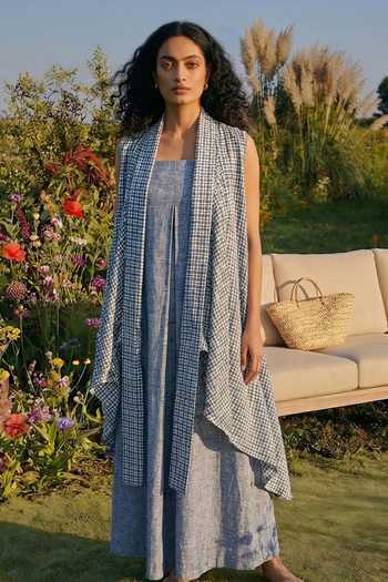 Buy_House Of Fett_Blue Cotton Shawl Neck Striped Blend Cape And Jumpsuit Set _at_Aza_Fashions