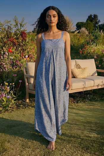 Shop_House Of Fett_Blue Cotton Shawl Neck Striped Blend Cape And Jumpsuit Set _Online_at_Aza_Fashions