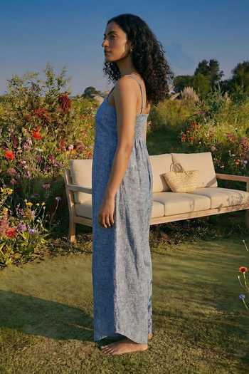 House Of Fett_Blue Cotton Shawl Neck Striped Blend Cape And Jumpsuit Set _at_Aza_Fashions