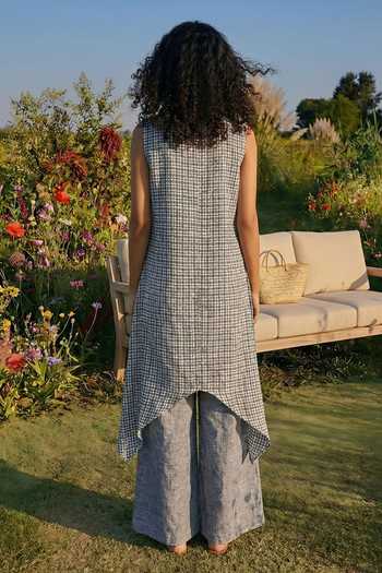 Shop_House Of Fett_Blue Cotton Shawl Neck Striped Blend Cape And Jumpsuit Set _at_Aza_Fashions