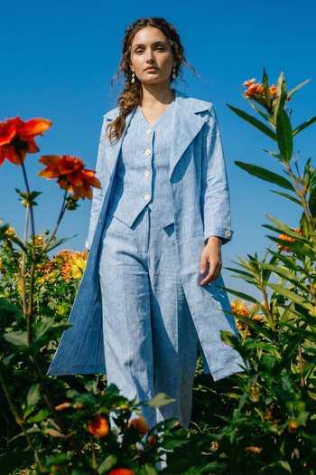 Buy_House Of Fett_Blue Cotton, Linen V-neck, Collared Blend Jacket Pant Set _at_Aza_Fashions