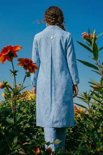 Shop_House Of Fett_Blue Cotton, Linen V-neck, Collared Blend Jacket Pant Set _at_Aza_Fashions