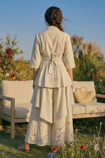 Shop_House Of Fett_Ivory Cotton Collared Flex Shirt And Pant Set _at_Aza_Fashions