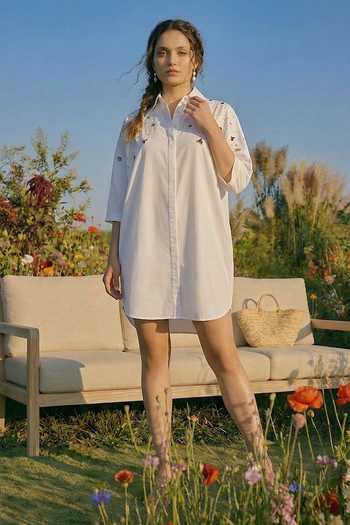 Buy_House Of Fett_White Cotton, Twill Collared Embellished Shirt Dress _at_Aza_Fashions