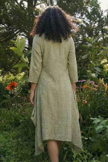 Shop_House Of Fett_Green Crepe High Neck Hand Embellished Floral Asymmetrical Tunic  _at_Aza_Fashions