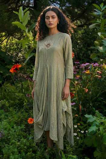 Buy_House Of Fett_Green Crepe High Neck Hand Embellished Floral Asymmetrical Tunic  _at_Aza_Fashions