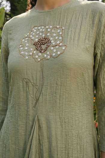Buy_House Of Fett_Green Crepe High Neck Hand Embellished Floral Asymmetrical Tunic  _Online_at_Aza_Fashions