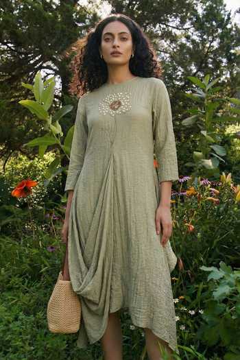 Shop_House Of Fett_Green Crepe High Neck Hand Embellished Floral Asymmetrical Tunic  _Online_at_Aza_Fashions