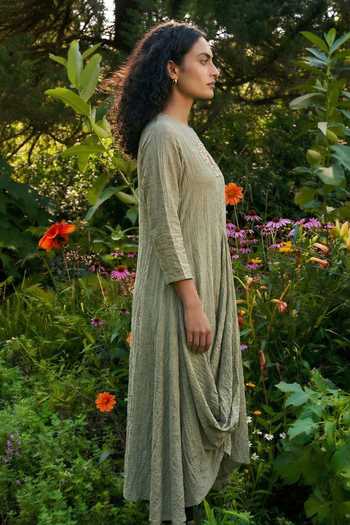 House Of Fett_Green Crepe High Neck Hand Embellished Floral Asymmetrical Tunic  _at_Aza_Fashions
