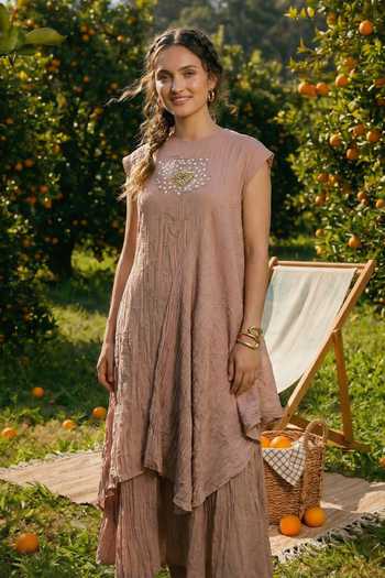 Shop_House Of Fett_Purple High Neck, Yes Embroidered Asymmetric Kurta And Palazzo Set _Online_at_Aza_Fashions