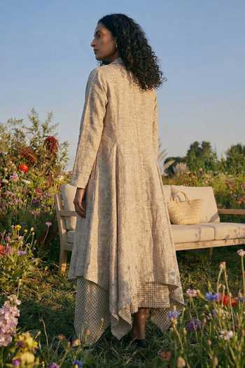 Shop_House Of Fett_Beige Cotton Round , Open Checkered Dress And Cape Set _at_Aza_Fashions
