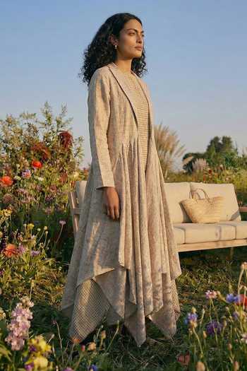 Buy_House Of Fett_Beige Cotton Round , Open Checkered Dress And Cape Set _Online_at_Aza_Fashions