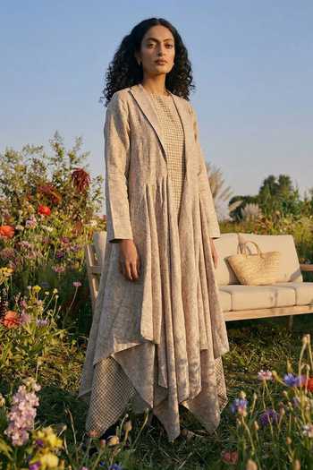 Shop_House Of Fett_Beige Cotton Round , Open Checkered Dress And Cape Set _Online_at_Aza_Fashions