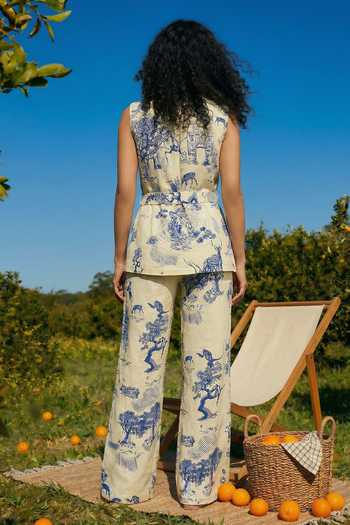 Shop_House Of Fett_Blue Linen Square , Shawl Jungle Print Jacket Pant Set _at_Aza_Fashions