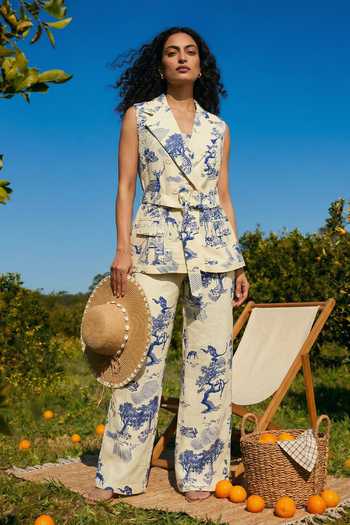 Buy_House Of Fett_Blue Linen Square , Shawl Jungle Print Jacket Pant Set _at_Aza_Fashions