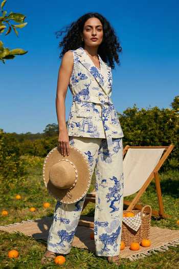 House Of Fett_Blue Linen Square , Shawl Jungle Print Jacket Pant Set _at_Aza_Fashions
