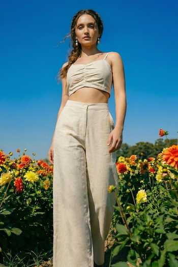 Shop_House Of Fett_Beige Cotton Bandeau , Open Rainforest Abstract Pattern Jacket Pant Set _Online_at_Aza_Fashions