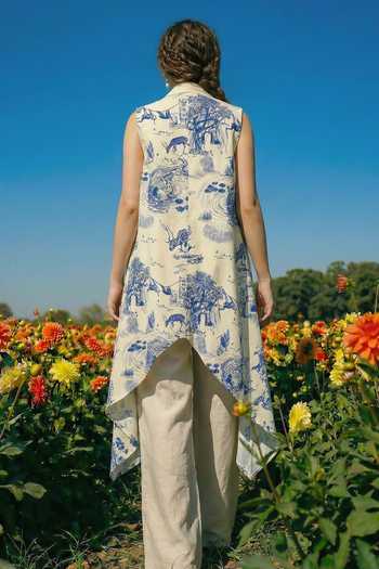 Shop_House Of Fett_Beige Cotton Bandeau , Open Rainforest Abstract Pattern Jacket Pant Set _at_Aza_Fashions