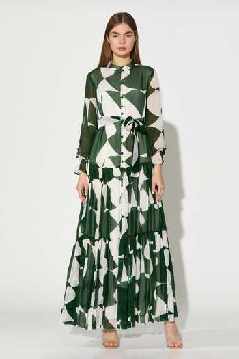 Buy_Koai_Green Chiffon Mandarin Collar Abstract Print Maxi Dress _at_Aza_Fashions