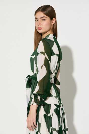Koai_Green Chiffon Mandarin Collar Abstract Print Maxi Dress _Online