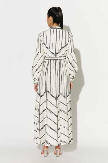 Shop_Koai_Off White Silk, Cotton, Muslin Mandarin Collar Linear Embroidered Dress _at_Aza_Fashions