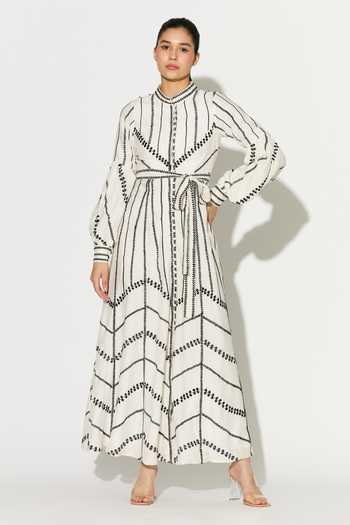 Buy_Koai_Off White Silk, Cotton, Muslin Mandarin Collar Linear Embroidered Dress _at_Aza_Fashions