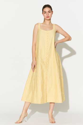 Buy_Koai_Yellow Cotton, Poplin Square Neck Tonal Embroidered Dress _at_Aza_Fashions