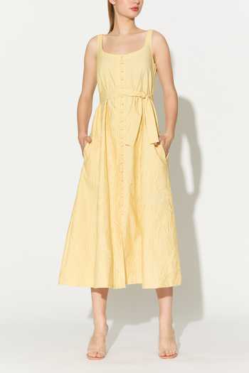 Shop_Koai_Yellow Cotton, Poplin Square Neck Tonal Embroidered Dress _Online_at_Aza_Fashions