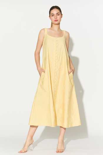Koai_Yellow Cotton, Poplin Square Neck Tonal Embroidered Dress _at_Aza_Fashions