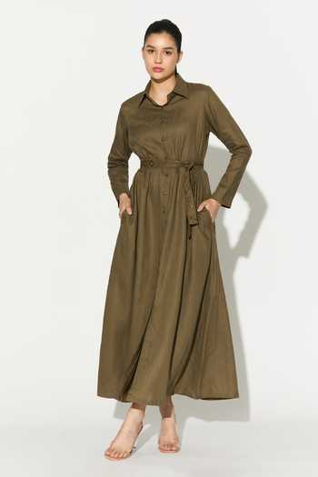 Buy_Koai_Green Linen Collared Maxi Dress _at_Aza_Fashions