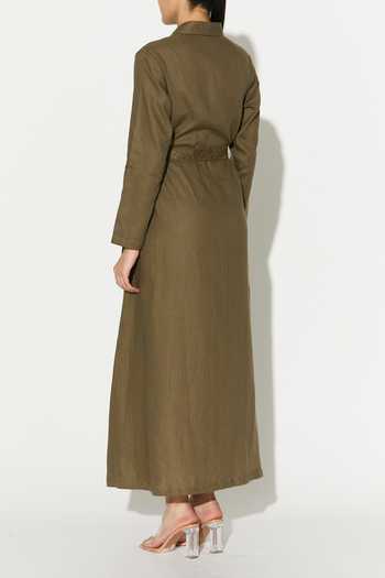 Shop_Koai_Green Linen Collared Maxi Dress _at_Aza_Fashions