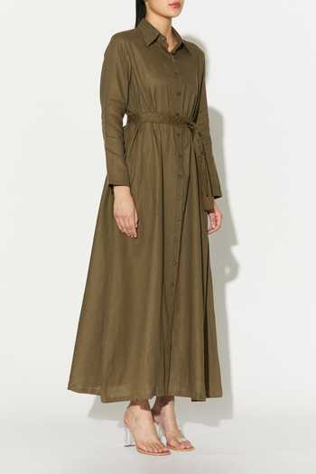 Koai_Green Linen Collared Maxi Dress _Online