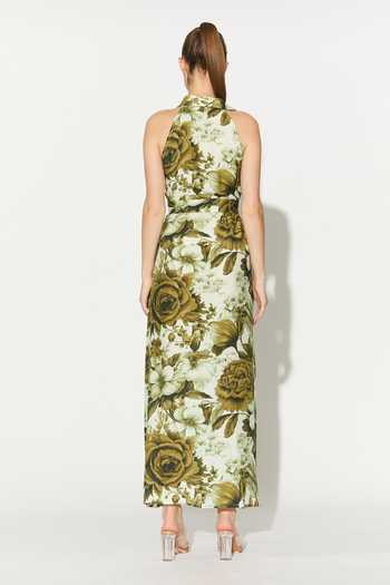 Shop_Koai_Cream Silk, Cotton, Muslin Collared, Halter Neck Floral Dress _at_Aza_Fashions