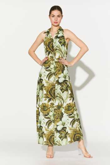 Buy_Koai_Cream Silk, Cotton, Muslin Collared, Halter Neck Floral Dress _at_Aza_Fashions