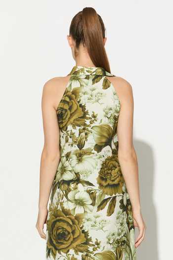 Koai_Cream Silk, Cotton, Muslin Collared, Halter Neck Floral Dress _Online