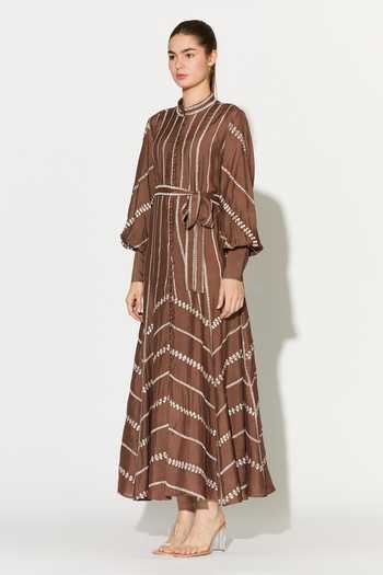 Koai_Brown Silk, Cotton, Muslin Mandarin Collar Embroidered Dress _Online_at_Aza_Fashions