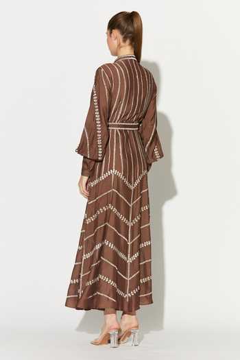 Shop_Koai_Brown Silk, Cotton, Muslin Mandarin Collar Embroidered Dress _at_Aza_Fashions