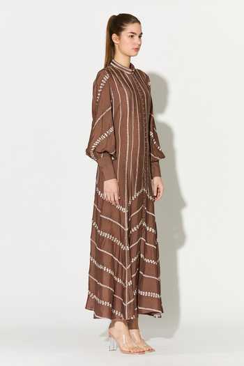 Buy_Koai_Brown Silk, Cotton, Muslin Mandarin Collar Embroidered Dress _Online_at_Aza_Fashions