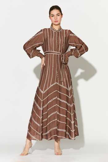 Buy_Koai_Brown Silk, Cotton, Muslin Mandarin Collar Embroidered Dress _at_Aza_Fashions