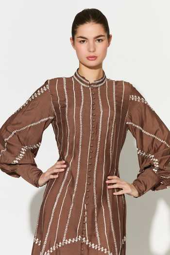 Koai_Brown Silk, Cotton, Muslin Mandarin Collar Embroidered Dress _at_Aza_Fashions