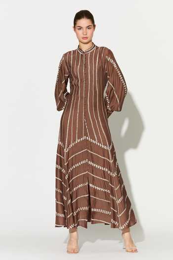 Buy_Koai_Brown Silk, Cotton, Muslin Mandarin Collar Embroidered Dress 