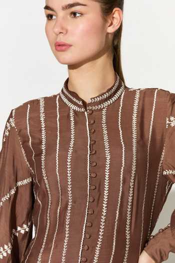 Shop_Koai_Brown Silk, Cotton, Muslin Mandarin Collar Embroidered Dress 
